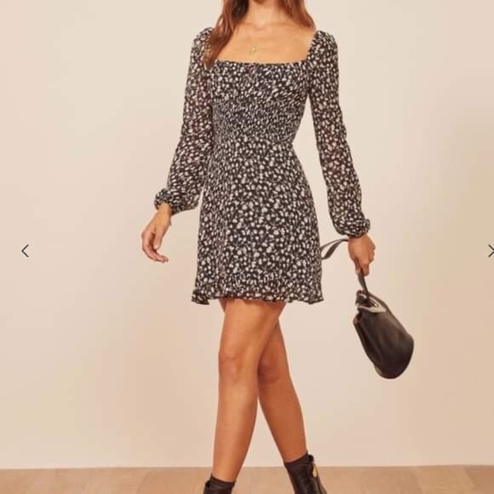 Reformation rue dress black floral print